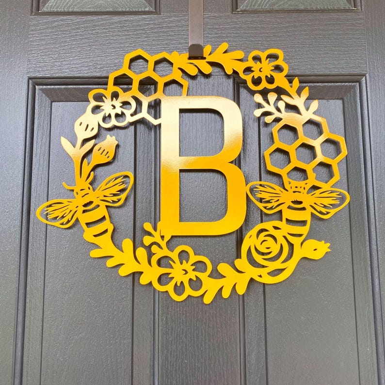 Lower Angle View - Monogram Honey Comb Honey Bee Floral Wreath with monogram letter "B" in Golden Yellow on black front door