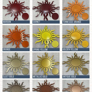 Metal sign powder coat color chart featuring Maroon, Garnet, Tennessee Orange, Orange, Spring Yellow, Golden Yellow, Sleet, Metallic, Antique Gold, Rose Gold Texture, Grecian Gold Texture and Textured Rust. Custom color options for personalized metal signs, laser-cut steel wall art, outdoor metal decor, and business signs.