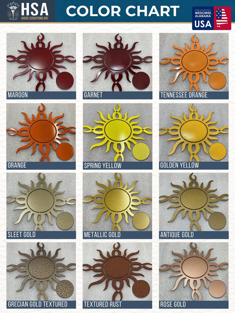 Metal sign powder coat color chart featuring Maroon, Garnet, Tennessee Orange, Orange, Spring Yellow, Golden Yellow, Sleet, Metallic, Antique Gold, Rose Gold Texture, Grecian Gold Texture and Textured Rust. Custom color options for personalized metal signs, laser-cut steel wall art, outdoor metal decor, and business signs.