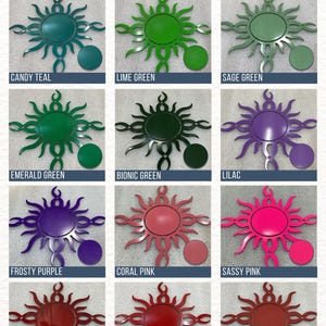 Metal sign powder coat color chart featuring Candy Teal, Lime Green, Sage Green, Emerald Green, Bionic Green, Lilac, Frosty Purple, Coral, Sassy Pink, Candy Apple Red, Deep Red and Desert Crimson. Custom color options for personalized metal signs, laser-cut steel wall art, outdoor metal decor, and business signs.
