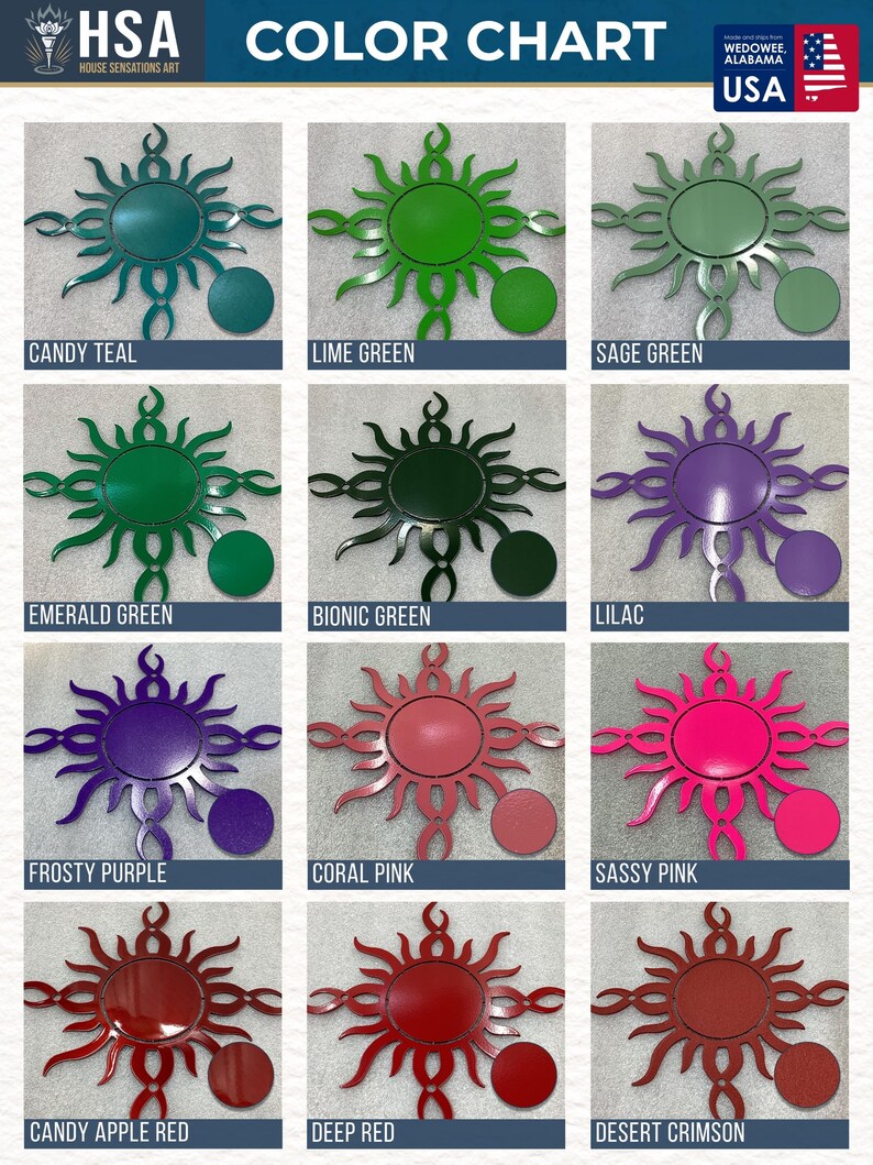 Metal sign powder coat color chart featuring Candy Teal, Lime Green, Sage Green, Emerald Green, Bionic Green, Lilac, Frosty Purple, Coral, Sassy Pink, Candy Apple Red, Deep Red and Desert Crimson. Custom color options for personalized metal signs, laser-cut steel wall art, outdoor metal decor, and business signs.