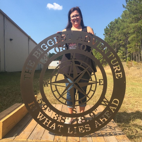 Arte de pared metálico con brújula GPS: coordenadas personalizadas, decoración costera de acero