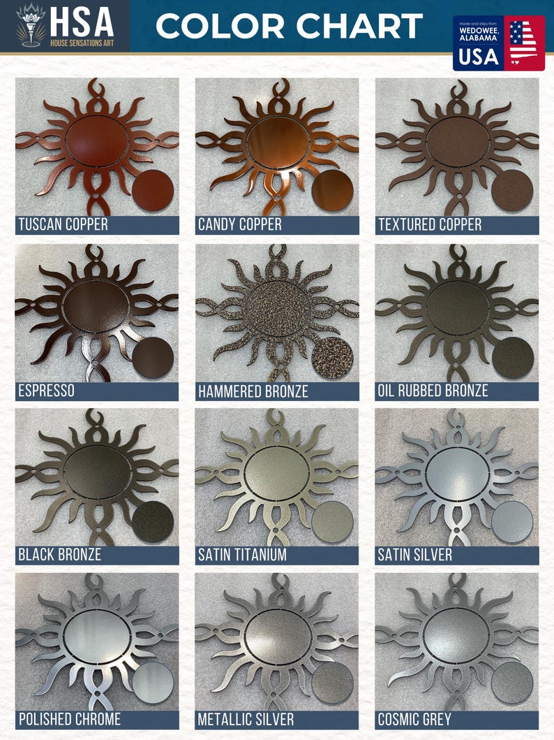 Metal sign powder coat color chart featuring Tuscan Copper, Candy Copper, Textured Copper, Espresso, Hammered Bronze, Oil Rubbed Bronze, Black Bronze, Satin Titanium, Silver Satin, Polished Chrome, Metallic Silver, Cosmic Gray, and more. Custom color options for personalized metal signs, laser-cut steel wall art, outdoor metal decor, and business signs.