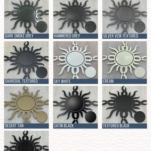 Metal sign powder coat color chart featuring Dark Smoke, Hammered Gray, Silver Vein, Charcoal Textured, Sky White, Cream, Desert Tan, Satin Black, Textured Black, and Gloss Black. Custom color options for personalized metal signs, laser-cut steel wall art, outdoor metal decor, and business signs.
