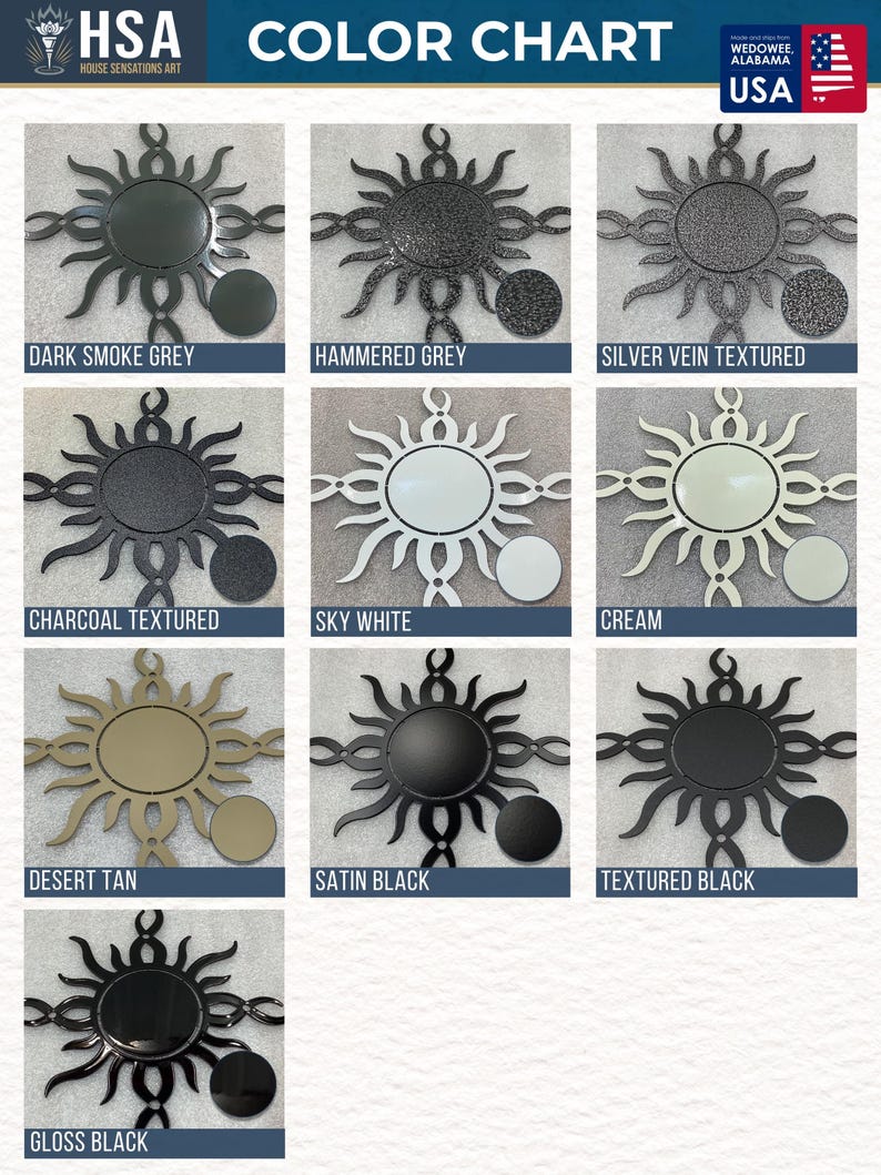 Metal sign powder coat color chart featuring Dark Smoke, Hammered Gray, Silver Vein, Charcoal Textured, Sky White, Cream, Desert Tan, Satin Black, Textured Black, and Gloss Black. Custom color options for personalized metal signs, laser-cut steel wall art, outdoor metal decor, and business signs.