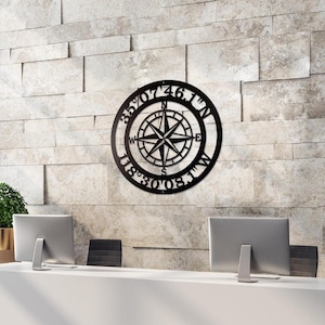 Custom Metal Sign, Gps Coordinate Sign, Large Black  Outdoor Compass Decor
