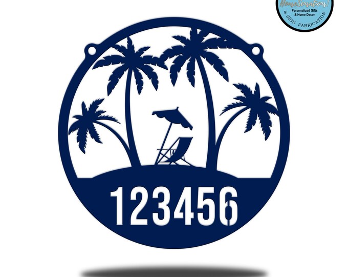 Round Beach & Palm Trees Address Plaque | Beach Home Decor | Coastal House Numbers Sign