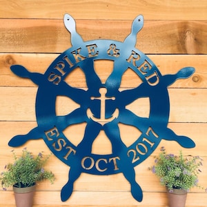 Nautical Captain&#39;s Ship Wheel Metal Door Hanger, Custom Metal Sign for Beach House, Personalized Family Name Sign, Personalized Boater Gift
