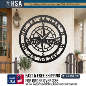 Custom Metal Sign, Gps Coordinate Sign, Large Black  Outdoor Compass Decor