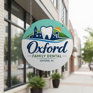 May include: A round sign for Oxford Family Dental, hanging from chains. The sign features a tooth graphic above the words "Oxford Family Dental" and the city and state. The background is a teal and white design with a cityscape and sun.