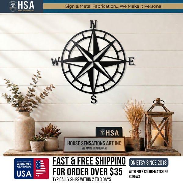 Personalized Compass Rose Sign Nautical Wall Art for Beach and Lake House