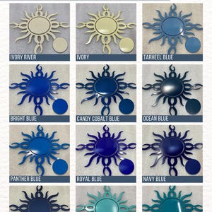 Metal sign powder coat color chart featuring Ivory River, Bright Blue, Ocean Blue, Panther Blue, Royal Blue, Navy Blue, Textured Navy, Turquoise, and more. Custom color options for personalized metal signs, laser-cut steel wall art, outdoor metal decor, and business signs.