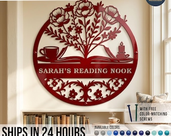 Custom Bookish Metal Sign: Personalized Reading Nook Decor, Candlelight Nights Floral Storybook Art