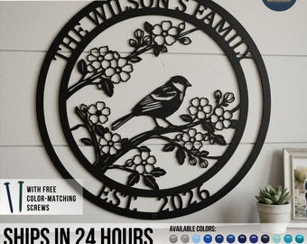 Custom Metal Barn Swallow Cherry Blossom Sign: Personalized Family Name Bird Decor