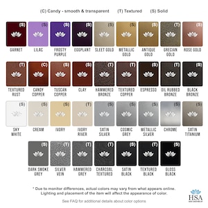 Color Chart (Part 2 of 2) with Powder Coat Color Options - Colors Include but are not limited to: Various shades of gold, bronze, copper, white, ivory, silver, grey, black, and raw metal options