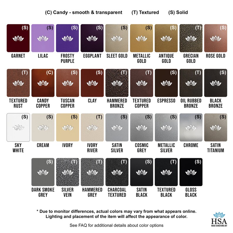 Color Chart (Part 2 of 2) with Powder Coat Color Options - Colors Include but are not limited to: Various shades of gold, bronze, copper, white, ivory, silver, grey, black, and raw metal options