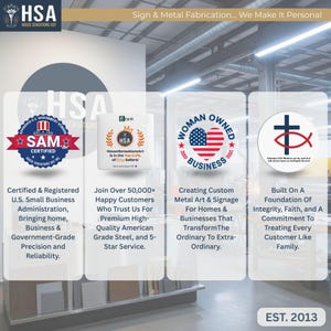 The image showcases the professional credentials and values of House Sensations Art (HSA), a company established in 2013. It is a certified and registered U.S. Small Business Administration vendor, SAM certified, bringing home, business, and government-grade precision and reliability to their work. They have served over 50,000 happy customers and are ranked in the top 0.2% of Etsy sellers, specializing in premium high-quality American grade steel and 5-star service.