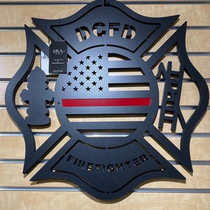 Custom Metal Firefighter Maltese Cross Sign: American Flag Decor