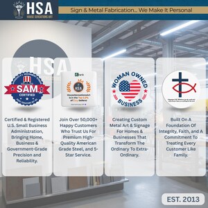 The image is a collage of four images, each featuring a different logo or symbol related to sign and metal fabrications.