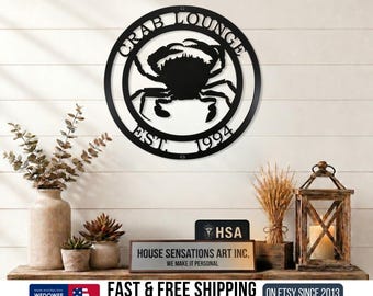 Personalized Crab Metal Sign for Coastal Beach Homes