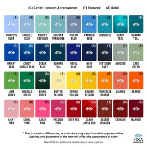 Color Chart (Part 1 of 2) with Powder Coat Color Options - Colors Include but are not limited to: Various shades of blue, turquoise, teal, navy, green, yellow, gold, orange, pink, red, purple