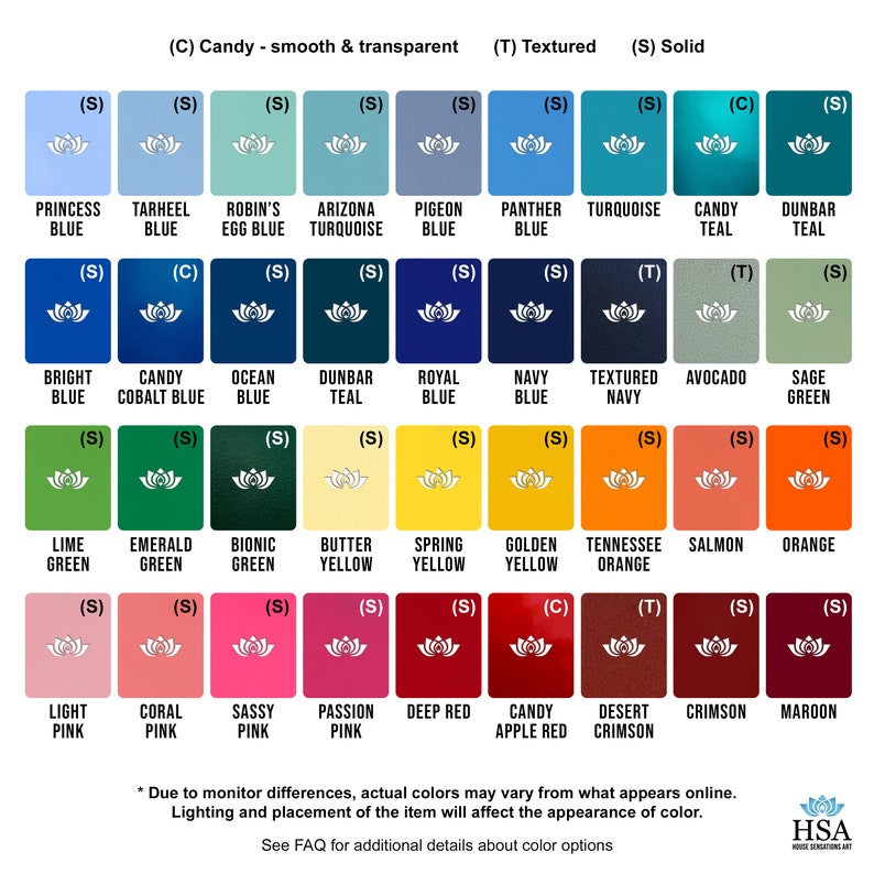 Color Chart (Part 1 of 2) with Powder Coat Color Options - Colors Include but are not limited to: Various shades of blue, turquoise, teal, navy, green, yellow, gold, orange, pink, red, purple
