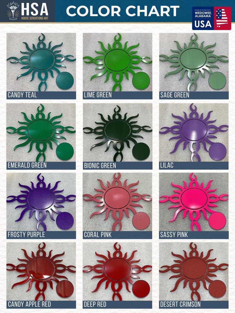 Metal sign powder coat color chart featuring Candy Teal, Lime Green, Sage Green, Emerald Green, Bionic Green, Lilac, Frosty Purple, Coral, Sassy Pink, Candy Apple Red, Deep Red and Desert Crimson. Custom color options for personalized metal signs, laser-cut steel wall art, outdoor metal decor, and business signs.