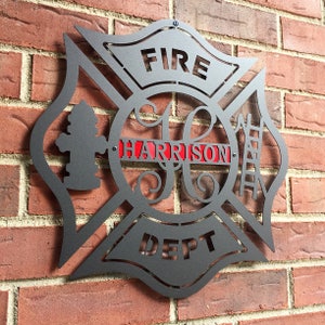 Firefighter Metal Maltese Cross w/ Ladder | Custom Metal Fire Department Sign|  Monogram Door  Hanger | Firefighter gift |