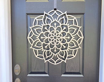 Lotus Mandala Wreath, Laser Cut Steel Garden Gate Sign, Meditation Decor