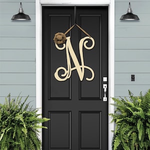 Metal Initial Door Wreath with Ribbon | Monogram Door Hanger | Front Door Letters | Outdoor Metal Wreath | Porch Decor