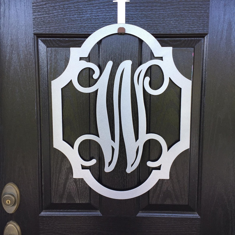 Wingate Scallop: Metal MONOGRAM DOOR Hanger/Door Wreath shown on black front door