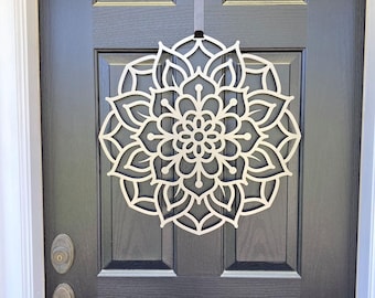 Lotus Mandala Metal Wreath: Laser-Cut Steel Door Decor, Garden Gate Art