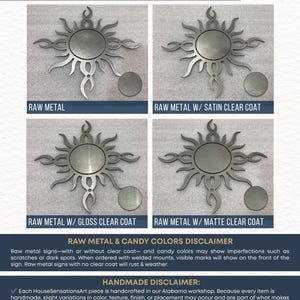 Raw metal finish comparison chart for custom metal signs featuring Raw Metal, Satin Clear Coat, Gloss Clear Coat, and Matte Clear Coat finishes. Powder-coated steel wall art color guide with handcrafted USA-made metal sign finish options.
