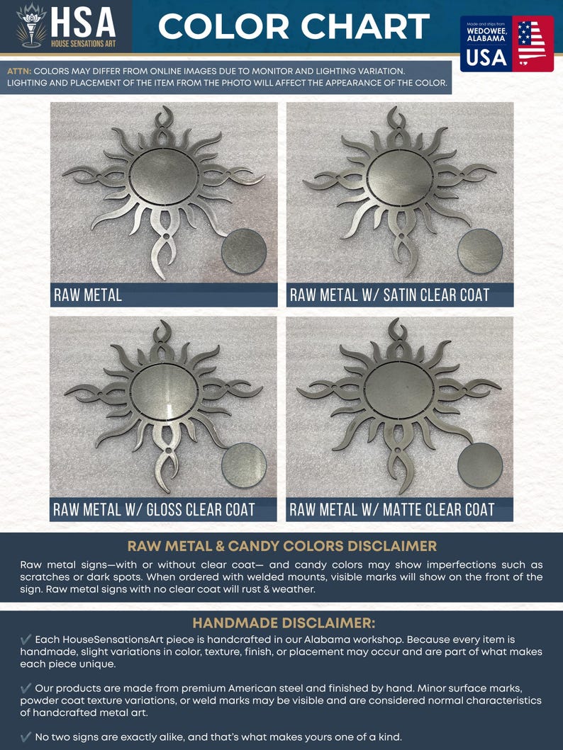 Raw metal finish comparison chart for custom metal signs featuring Raw Metal, Satin Clear Coat, Gloss Clear Coat, and Matte Clear Coat finishes. Powder-coated steel wall art color guide with handcrafted USA-made metal sign finish options.