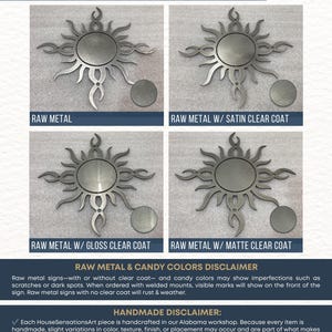 Raw metal finish comparison chart for custom metal signs featuring Raw Metal, Satin Clear Coat, Gloss Clear Coat, and Matte Clear Coat finishes. Powder-coated steel wall art color guide with handcrafted USA-made metal sign finish options.