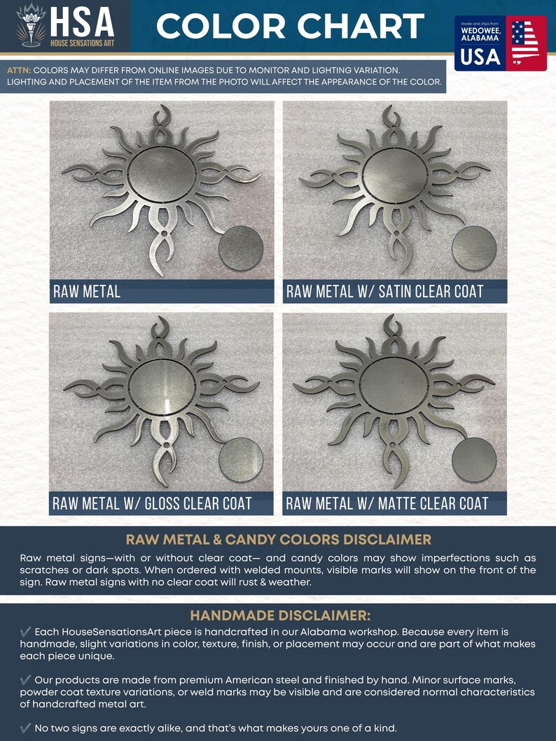 Raw metal finish comparison chart for custom metal signs featuring Raw Metal, Satin Clear Coat, Gloss Clear Coat, and Matte Clear Coat finishes. Powder-coated steel wall art color guide with handcrafted USA-made metal sign finish options.