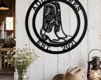 Cowboy Cowgirl Sign, Personalized Metal Boots, Western Wedding Decor
