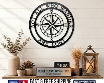 Nautical Compass Metal Sign: Lake House Decor, "Not All Who Wander"