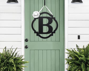 Metal Monogram Door Hanger: THE DARCY Block Initial Wreath