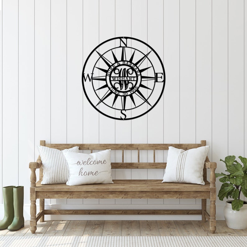 Nautical Monogram Split Name Compass Outdoor Wall Art Available up to 47 image 2