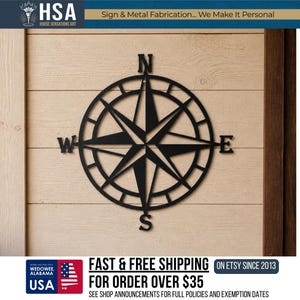 Nautical Wall Art Metal Compass Rose: Black 18" Outdoor Steel Sign