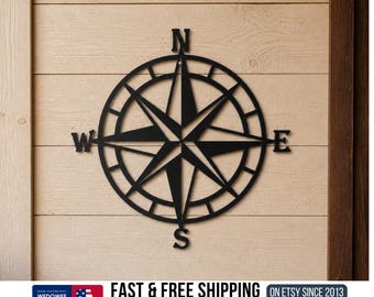 Nautical Wall Art Metal Compass Rose: Black 18" Outdoor Steel Sign