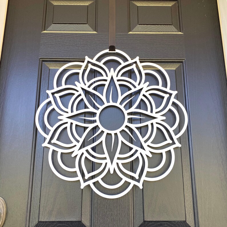 Lower Angle View - Metal Geometric Mandala Door Wreath shown in Satin Silver on Black Front Door