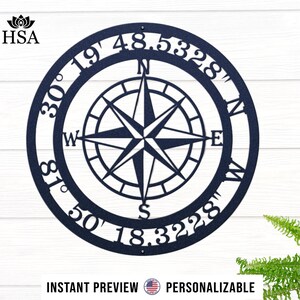 GPS Coordinates Sign | Nautical Compass | metal wall art | latitude longitude | Custom Metal sign | address sign | Exclusive design of HSA