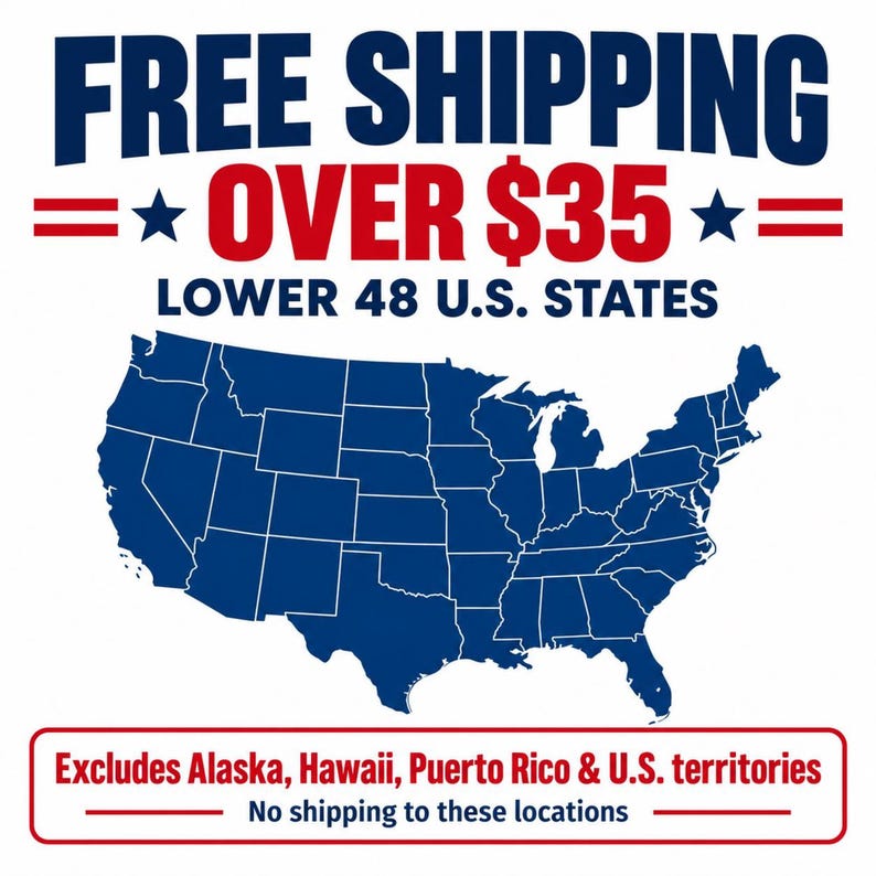 The image is an advertisement for free shipping over $35, which is offered to customers in the lower 48 U.S. states. The ad also states that it excludes Alaska, Hawaii, Puerto Rico, and U.S. territories, and does not ship to these locations.