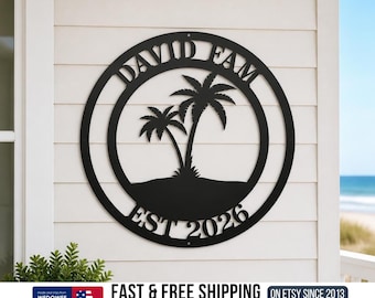 Personalized Palm Tree Metal Sign: Coastal Beach House Decor