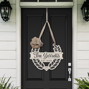 Laurel Leaf Personalized Couples Name Sign with Ribbon- Metal Door Sign, Established Family Sign Custom Mother&#39;s Day Gift, Spring Home Decor
