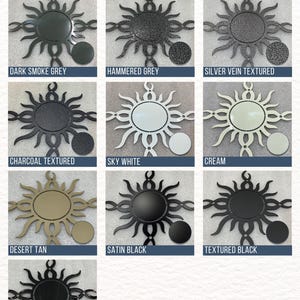 Metal sign powder coat color chart featuring Dark Smoke, Hammered Gray, Silver Vein, Charcoal Textured, Sky White, Cream, Desert Tan, Satin Black, Textured Black, and Gloss Black. Custom color options for personalized metal signs, laser-cut steel wall art, outdoor metal decor, and business signs.