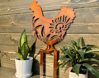 Metal Floral Rooster Yard Sign with Stakes, Weatherproof Outdoor Decor, Metal Garden Sign , Chicken Garden Decor -