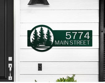 Evergreen Pine Trees Address Sign - Personalized Outdoor Homestead Road Sign, Modern House Numbers Cabin Street Number Sign